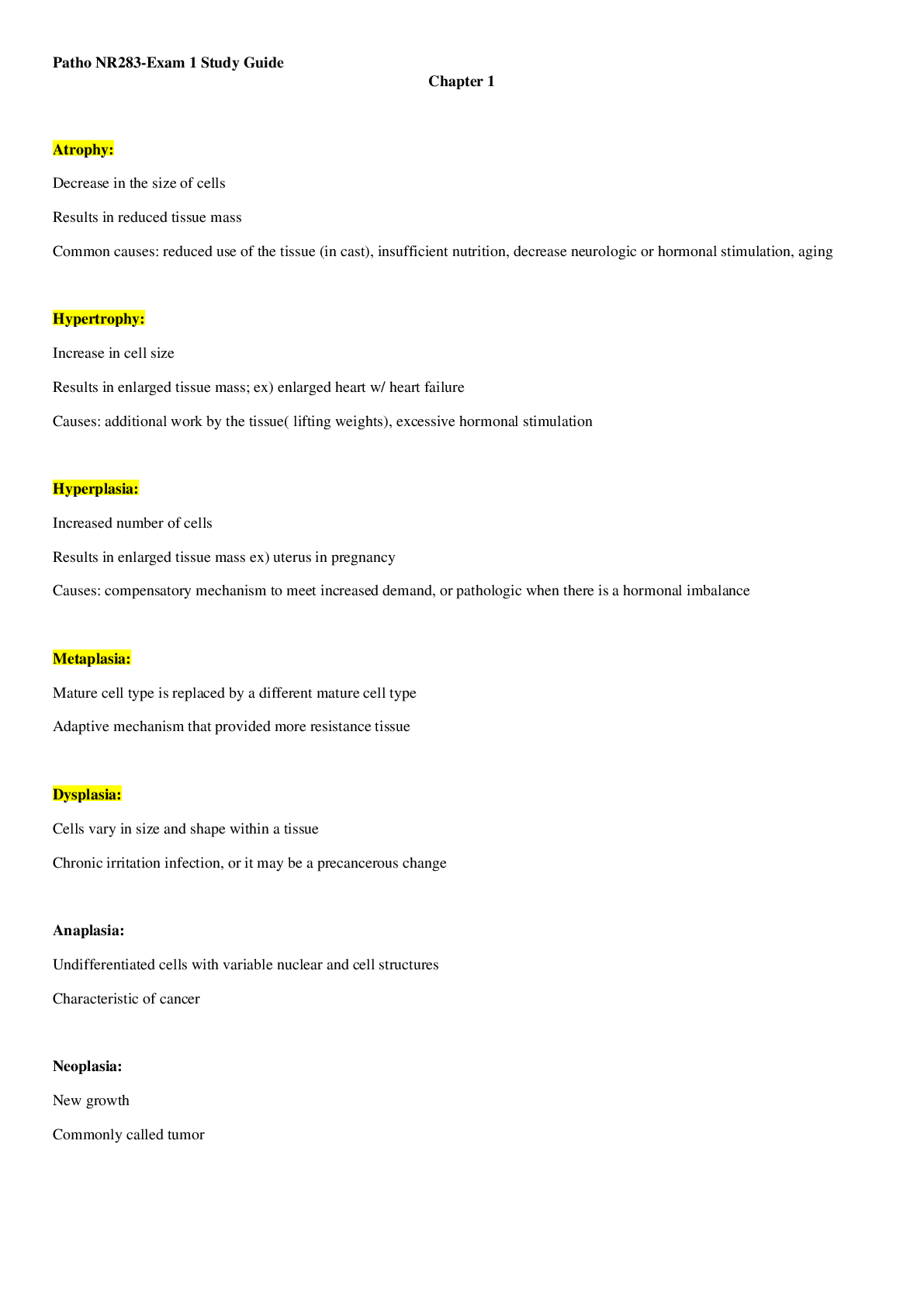 Preview image for Patho NR283-Exam 1 Study Guide